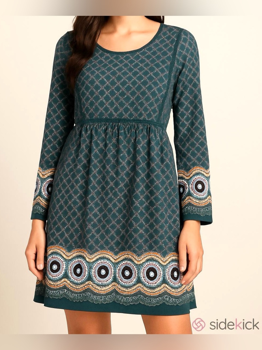 Alya Green Teal Retro Modern Geometric Print L Boho Chic Coastal Grandma Dress